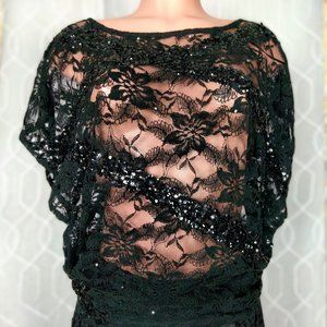 Guess Lose Angeles Black Lace Sequin & Rhinestone Sheer Top size S